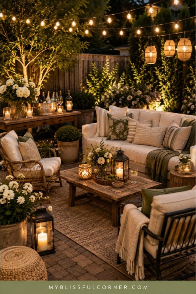 Cozy outdoor area with comfortable seating, string lights, lanterns, candles, flowers and a self-serve drink station.
