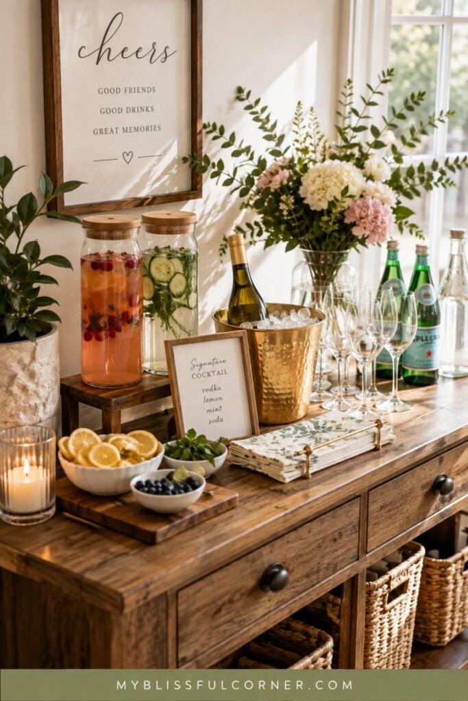 Self-serve party drink station with cocktails, glassware, citrus garnishes, flowers and candles styled on a wood console.