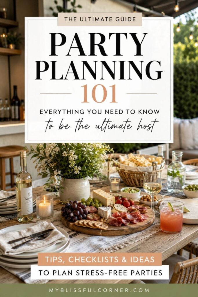 Casual party setup with a styled food table, charcuterie board, cocktails, flowers and candles for easy at-home entertaining