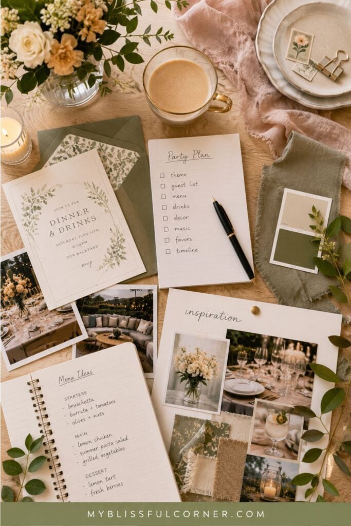 flat lay with a checklist, invitations, menu ideas, inspiration photos, flowers and decor samples.