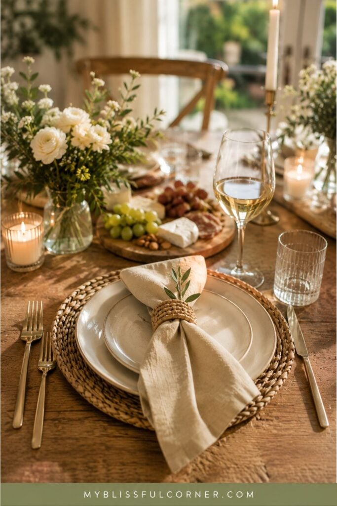 Casual party place setting with neutral plates, woven charger, linen napkin, gold flatware, flowers, candles and wine glass.