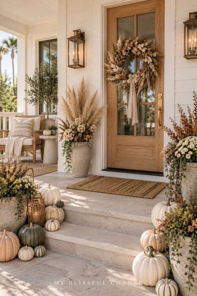 Boho coastal fall porch with pale pumpkins, woven baskets and dried grasses