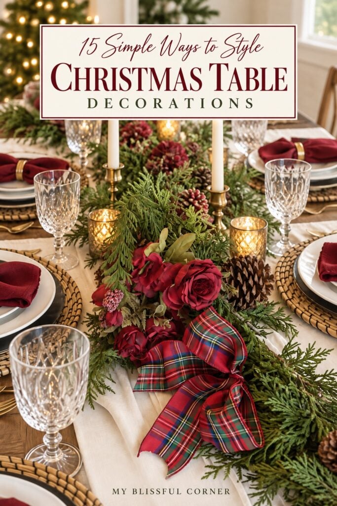 Elegant Christmas table decorations featuring evergreen greenery, burgundy flowers, tartan ribbon, pinecones, woven chargers, crystal glassware, and candlelight.