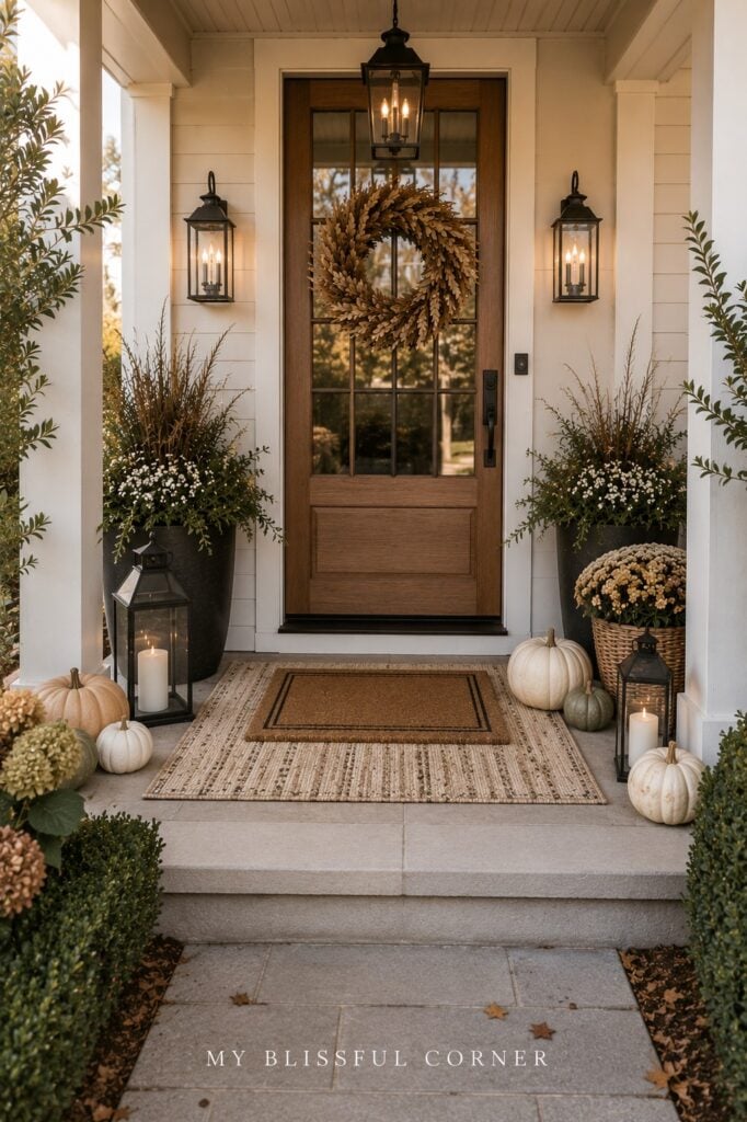 Fall front entry framed with planters, neutral pumpkins, lanterns and a wreath