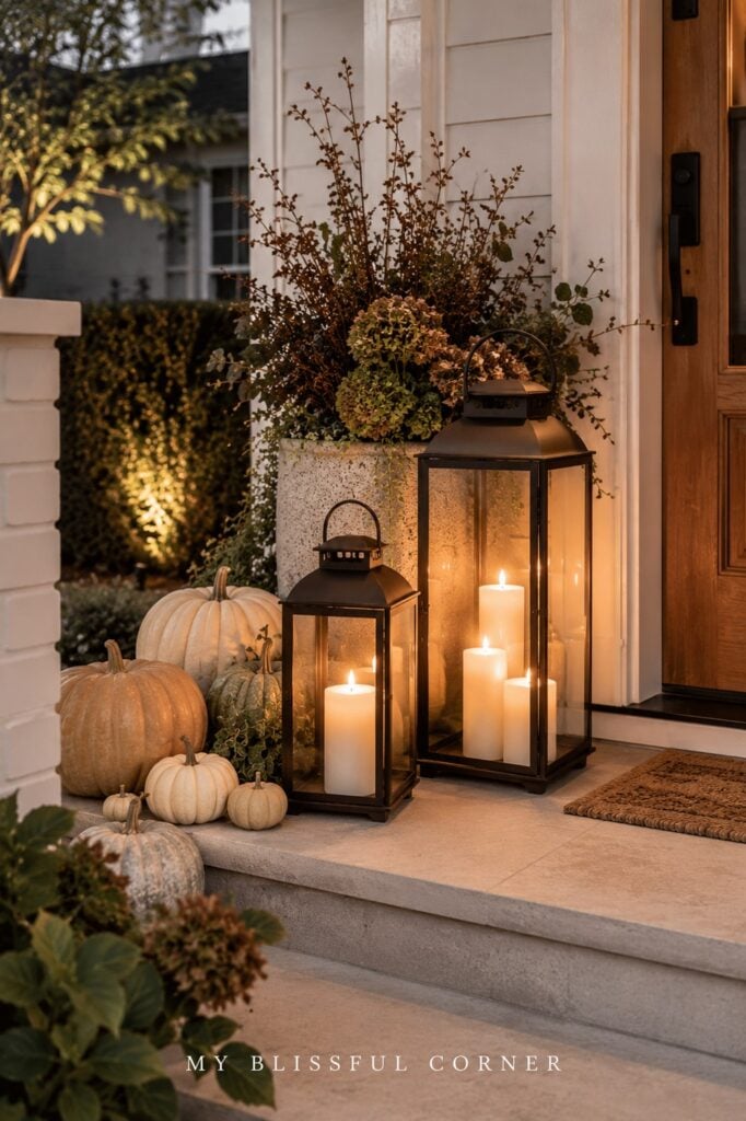 Black lanterns with flameless candles styled beside neutral pumpkins at dusk