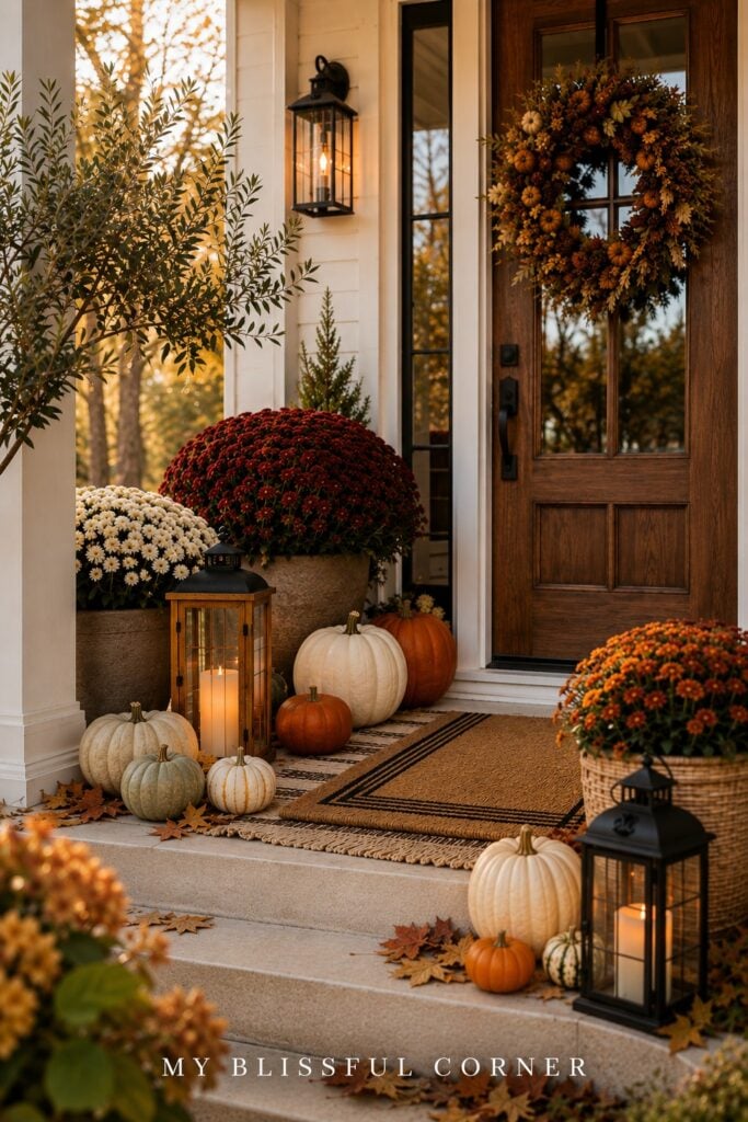 Fall porch decor ideas with pumpkins, mums, lanterns and a fall wreath