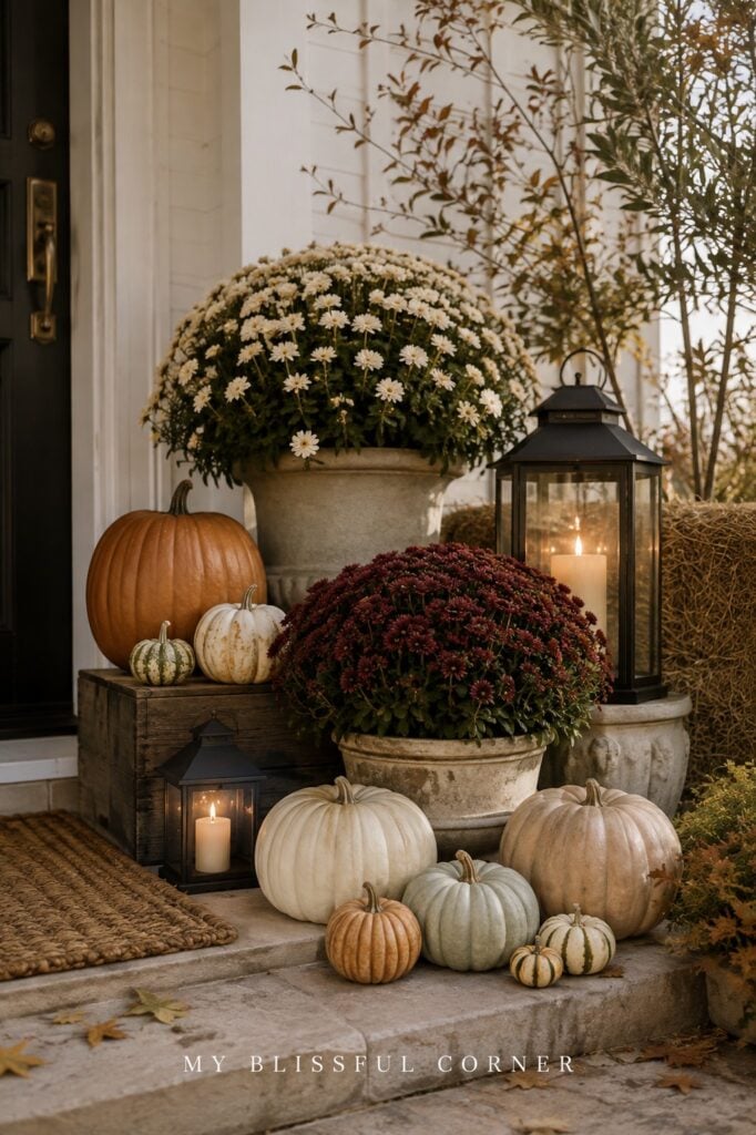 Pumpkins, potted mums and lanterns arranged at different heights
