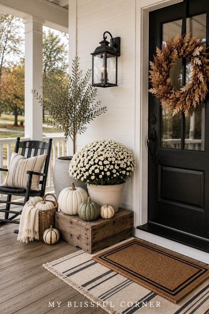 Neutral farmhouse fall porch with white mums, pumpkins and rustic wood accents