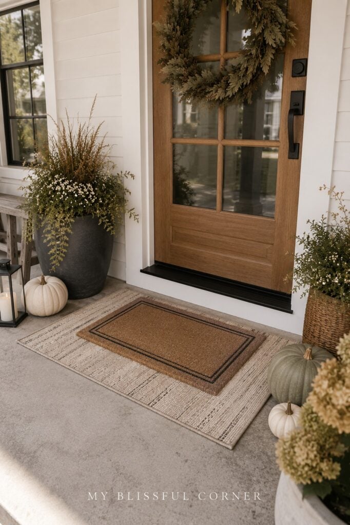 Fall doormat layered over a larger neutral outdoor rug at the front door