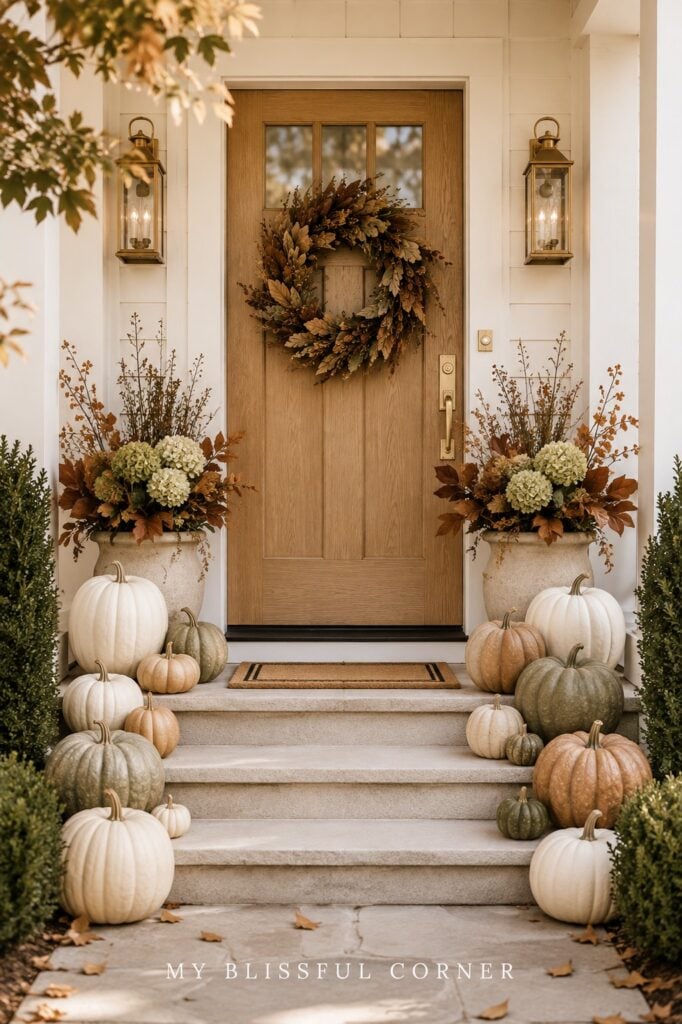 Modern fall front porch with oak door, stone planters and pumpkins lining the steps