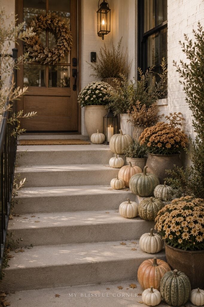 Neutral fall porch steps with grouped pumpkins in varied sizes and potted mums