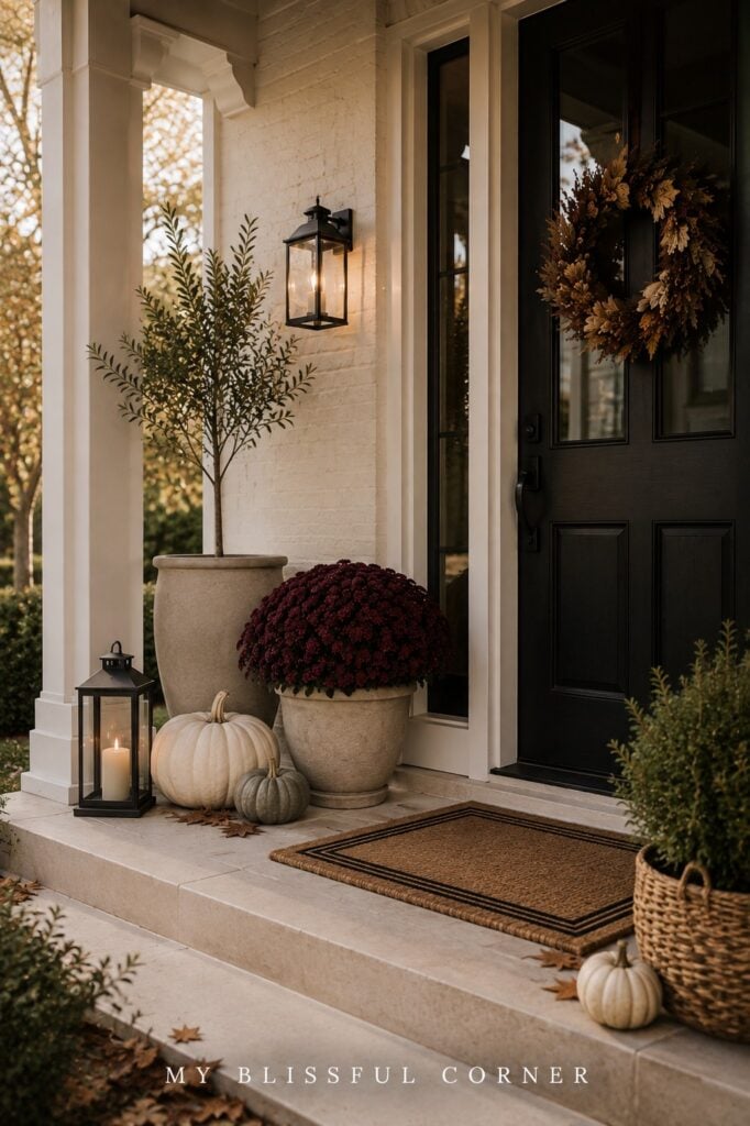 Simple fall front porch with burgundy mums, neutral pumpkins and lantern