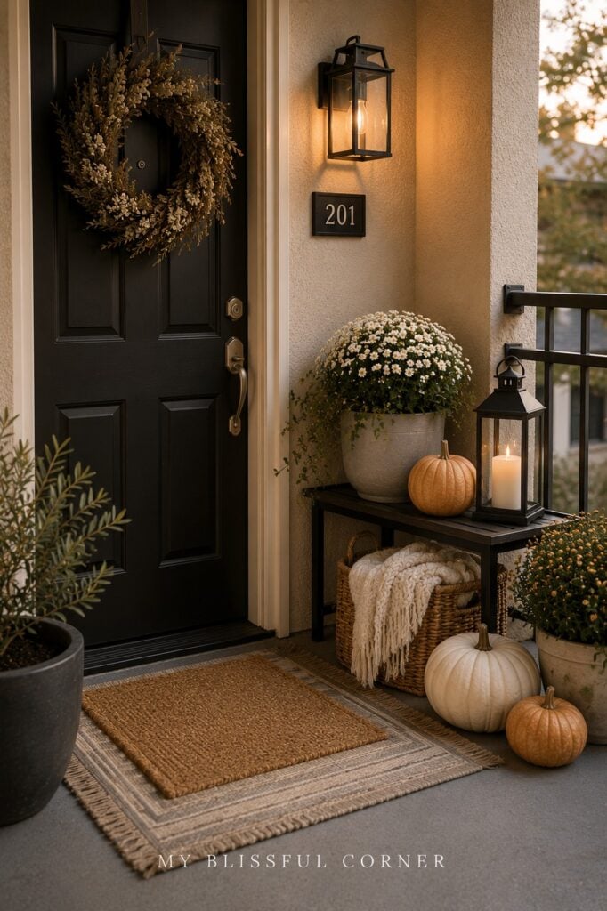 Small apartment entry decorated for fall with a wreath, compact planter and neutral pumpkins