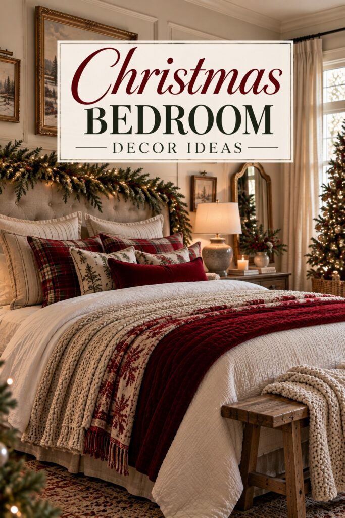 Christmas bedroom decor ideas with a garland headboard, plaid and red pillows, a red knit throw, and a lit Christmas tree