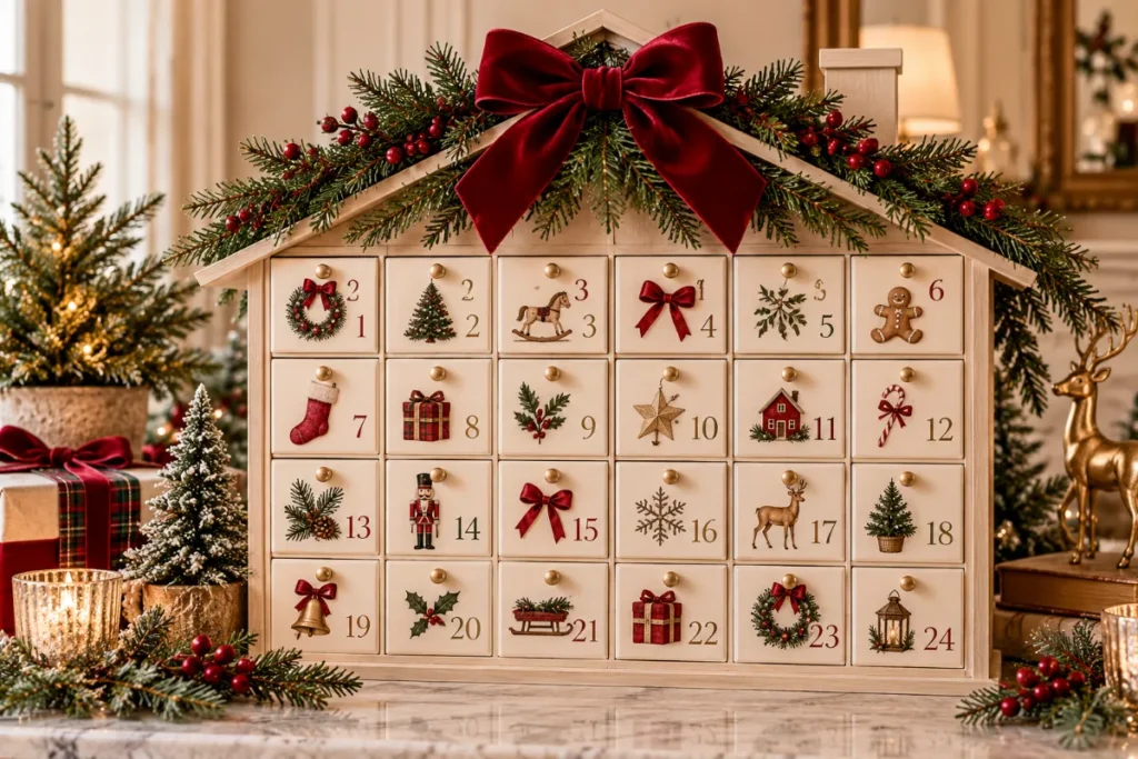 Advent calendar ideas: cream wooden advent calendar house with 24 drawers, a red velvet bow, and Christmas greenery