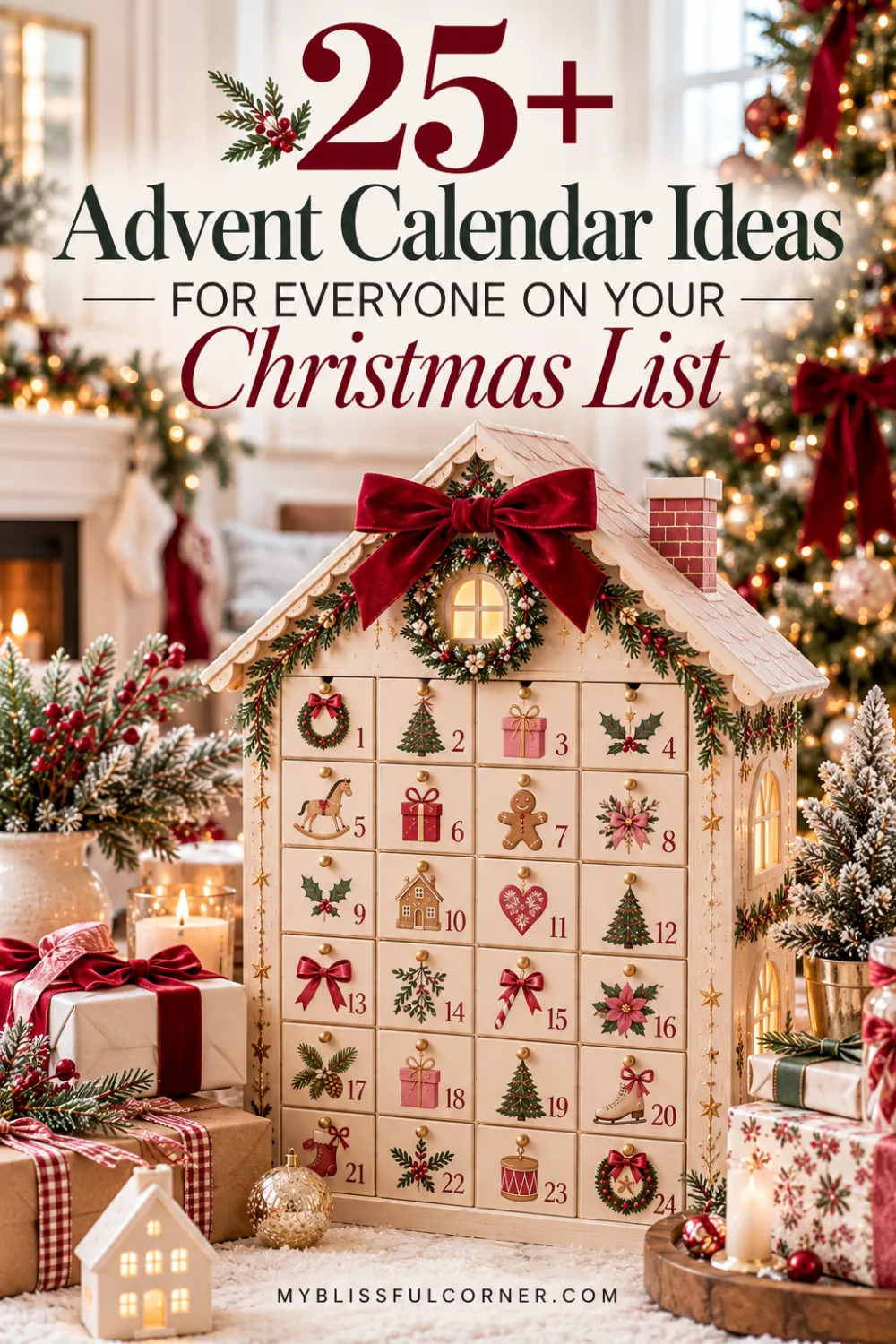 25+ advent calendar ideas for everyone on your Christmas list, with a cream wooden advent calendar house and red velvet bow