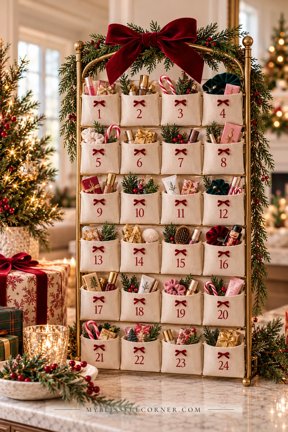 Fabric pocket advent calendar on a brass stand filled with mini beauty products, with a red velvet bow and greenery