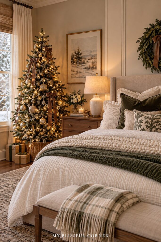 Flocked Christmas tree in a bedroom corner with warm white lights next to a bed layered with a green throw and plaid blanket