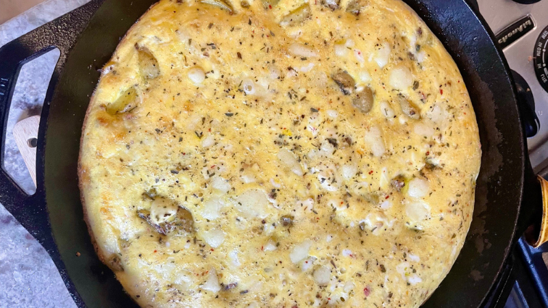 cheesy poblano potato egg bake in cast iron skillet