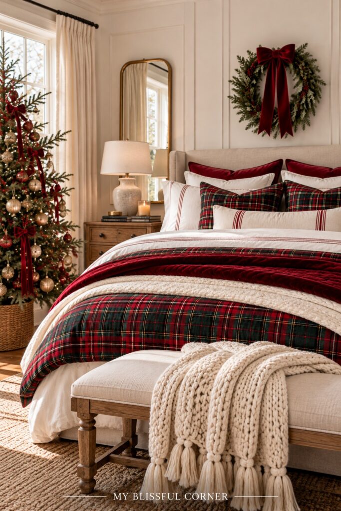 Christmas bedding ideas with a red and green plaid duvet, white sheets, and a chunky knit throw