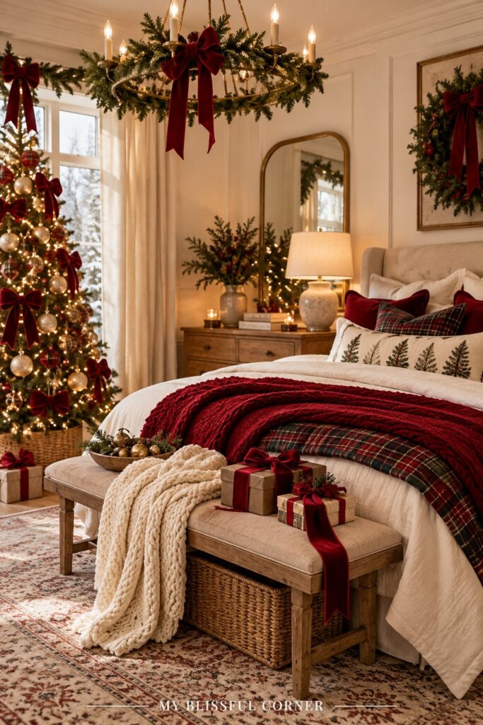 Cozy christmas bedroom decor with red plaid bedding, a garland headboard, warm string lights, and a decorated Christmas tree