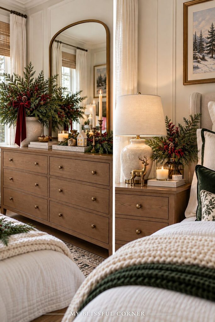 Christmas dresser decor in a bedroom with a pine arrangement, red ribbon, candles, and an arched mirror on a wood dresser