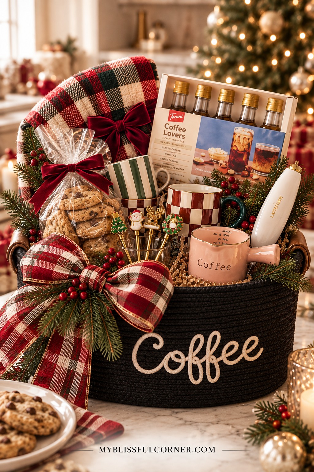 Coffee lover's Christmas gift basket with coffee beans, mug, and treats