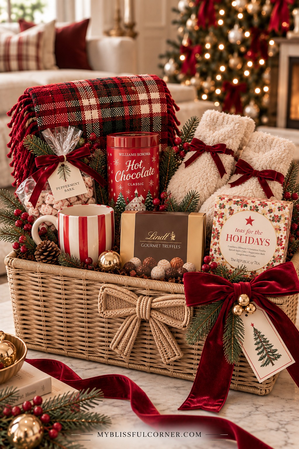 Cozy night in Christmas gift basket with a throw blanket, candle, mug, and treats