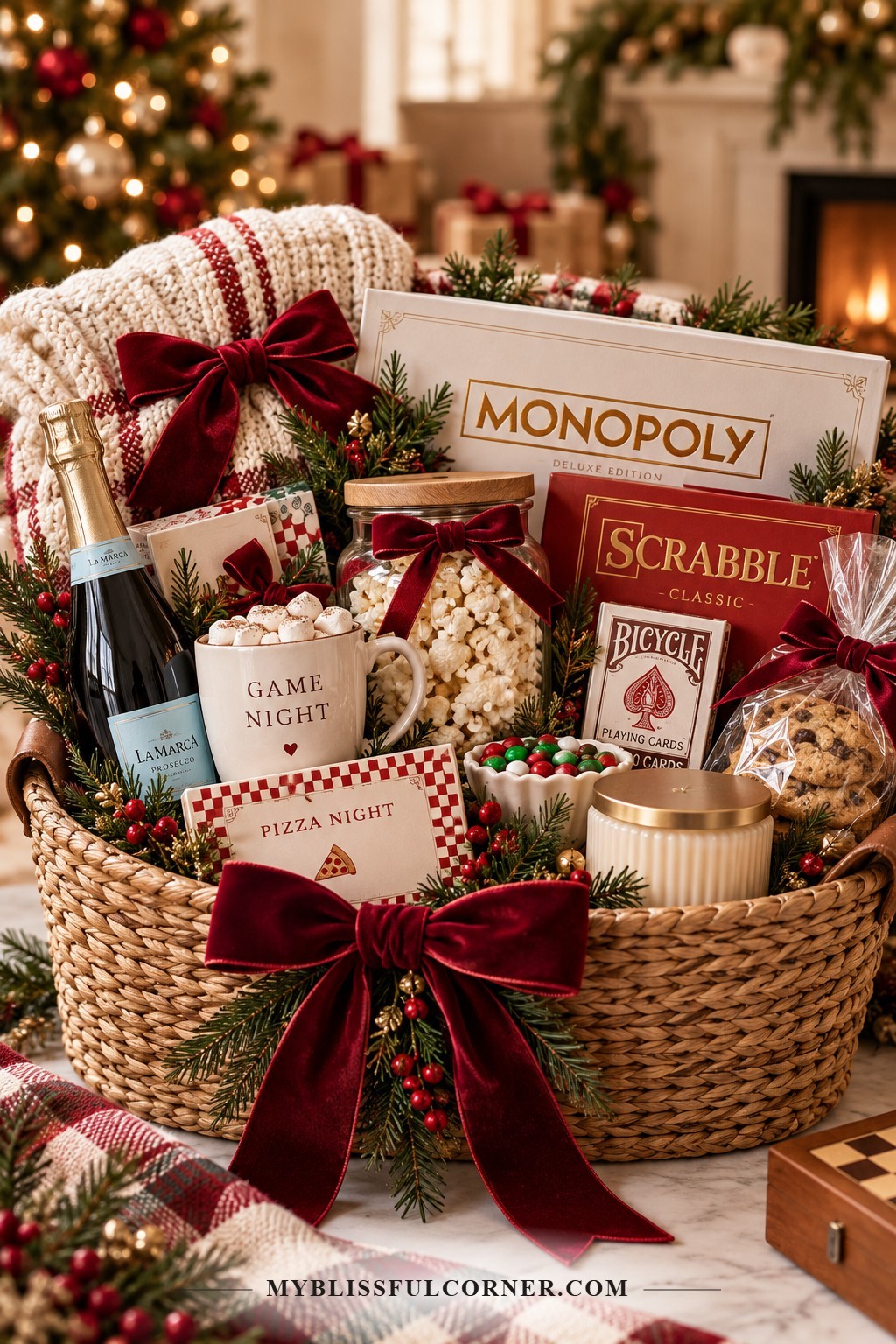Family game night Christmas gift basket with board games, cocoa, snacks, and a cozy throw