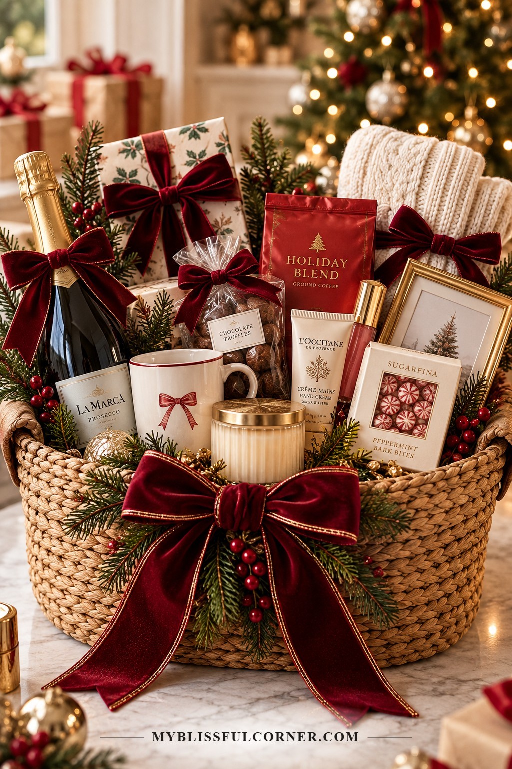 Christmas gift basket for friends with champagne, a mug, a candle, and festive treats