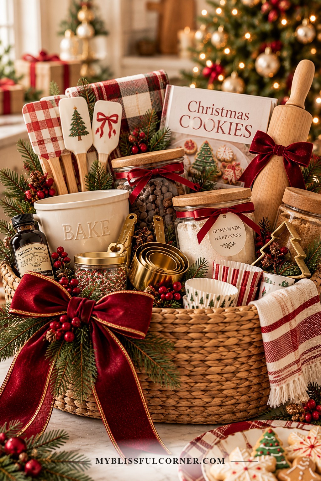 Holiday baking Christmas gift basket with a rolling pin, cookie mix, baking tools, and a mixing bowl