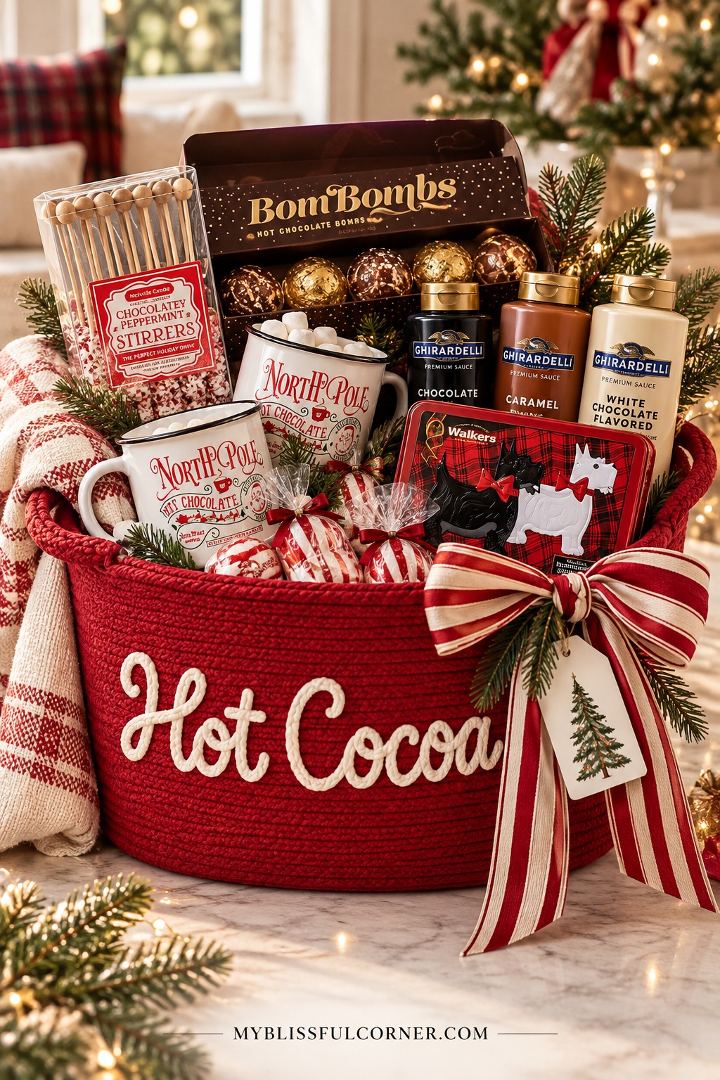 Hot cocoa Christmas gift basket with cocoa mix, marshmallows, and a mug