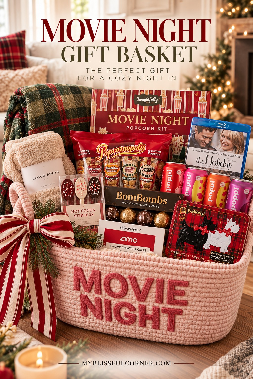 Movie night Christmas gift basket with popcorn, candy, and cozy extras