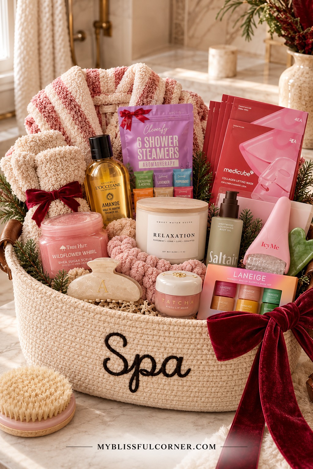 Spa and self-care Christmas gift basket with bath products and skincare