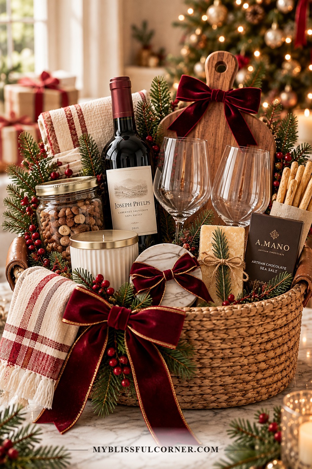 Wine night Christmas gift basket with red wine, wine glasses, a cheese board, and treats