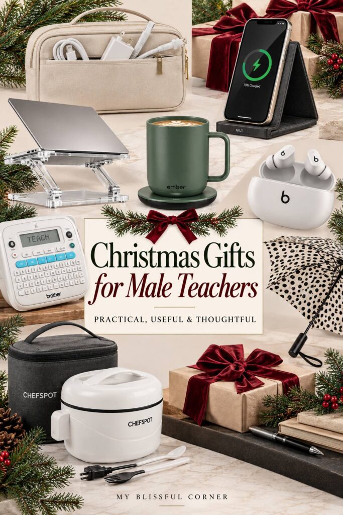 Christmas gifts for male teachers including an Ember mug, Beats earbuds, laptop stand, label maker, and electric lunch box