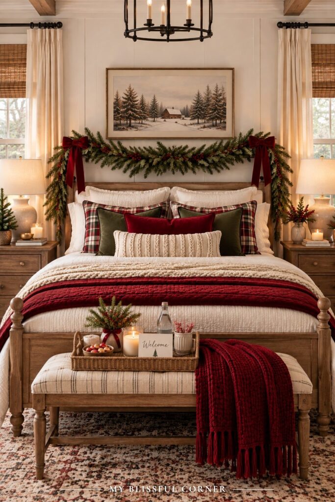 Christmas guest bedroom with a welcome tray on a bench at the foot of the bed, a garland headboard, and red and white bedding