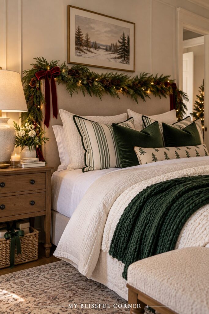 Christmas headboard garland with pine, red ribbon, and twinkle lights above a bed with white bedding and a green knit throw