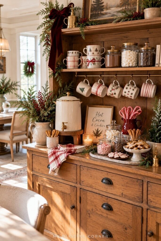Wooden dining room hutch decorated for Christmas with hanging mugs, a drink dispenser, and candy canes