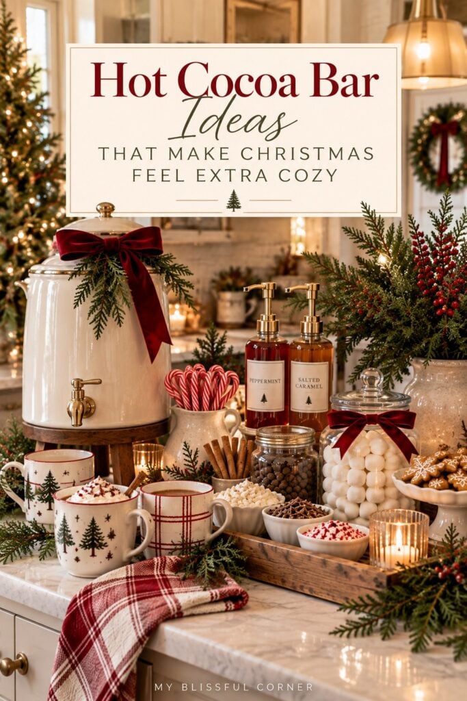 Christmas hot cocoa bar ideas with a cocoa dispenser, peppermint and salted caramel syrups, marshmallows, and festive mugs