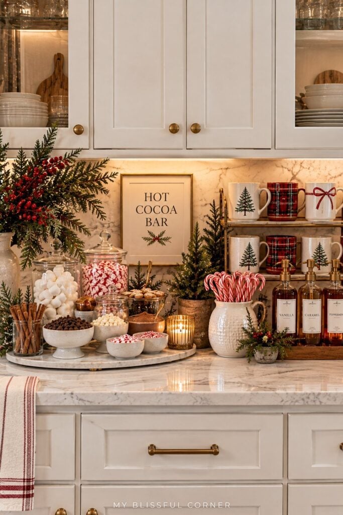 Christmas hot cocoa bar with syrups that doubles as a Christmas coffee bar
