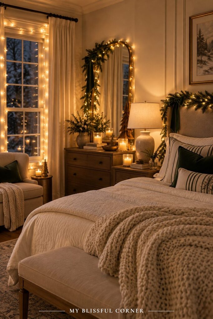 Christmas lights in the bedroom with warm white string lights around a window and mirror, a garland, and a cozy knit throw on the bed