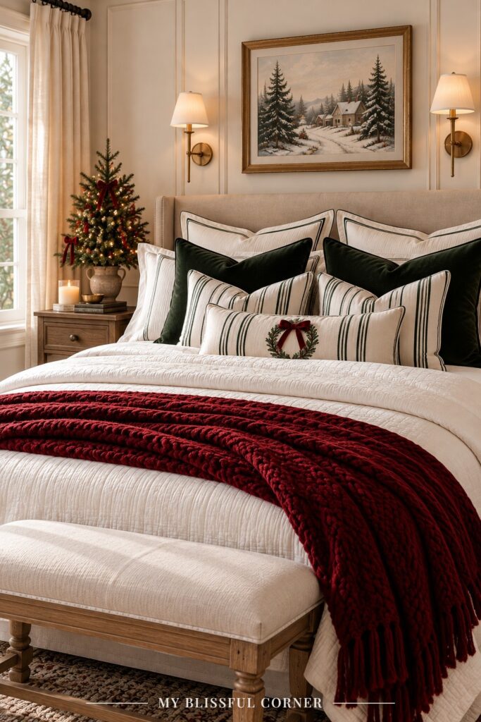 Christmas pillows layered on a bed with green velvet, plaid, and striped pillows, a mini wreath pillow, and a burgundy knit throw