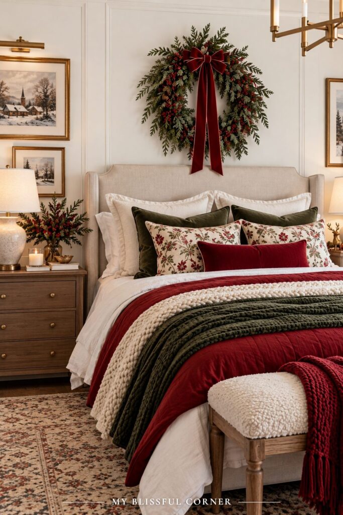 Christmas wreath with a red velvet bow hung above the bed, with red and green bedding and plaid pillows