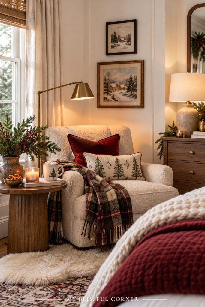 Cozy Christmas bedroom reading nook with a cream armchair, plaid throw, side table with candles, and a brass floor lamp