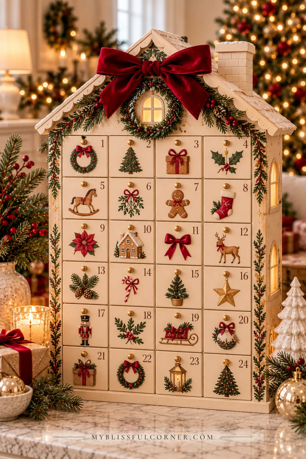 Cream wooden advent calendar house with 24 numbered drawers, a red velvet bow, and holiday greenery on a marble counter