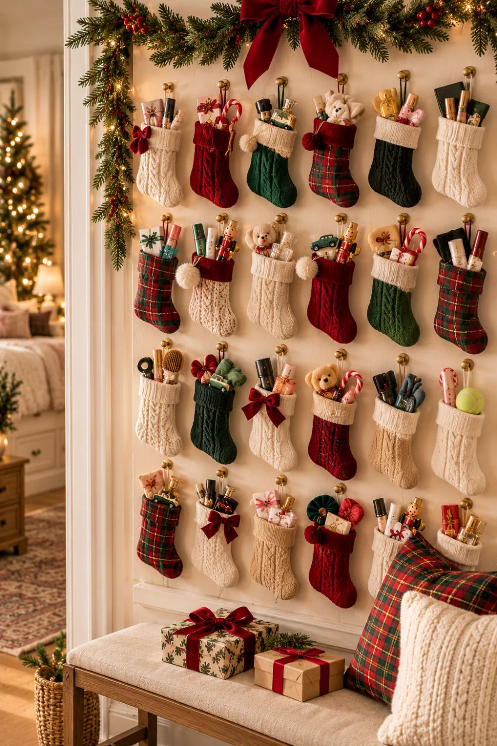 DIY advent calendar made from mini knit and plaid stockings hung on brass hooks under a Christmas garland