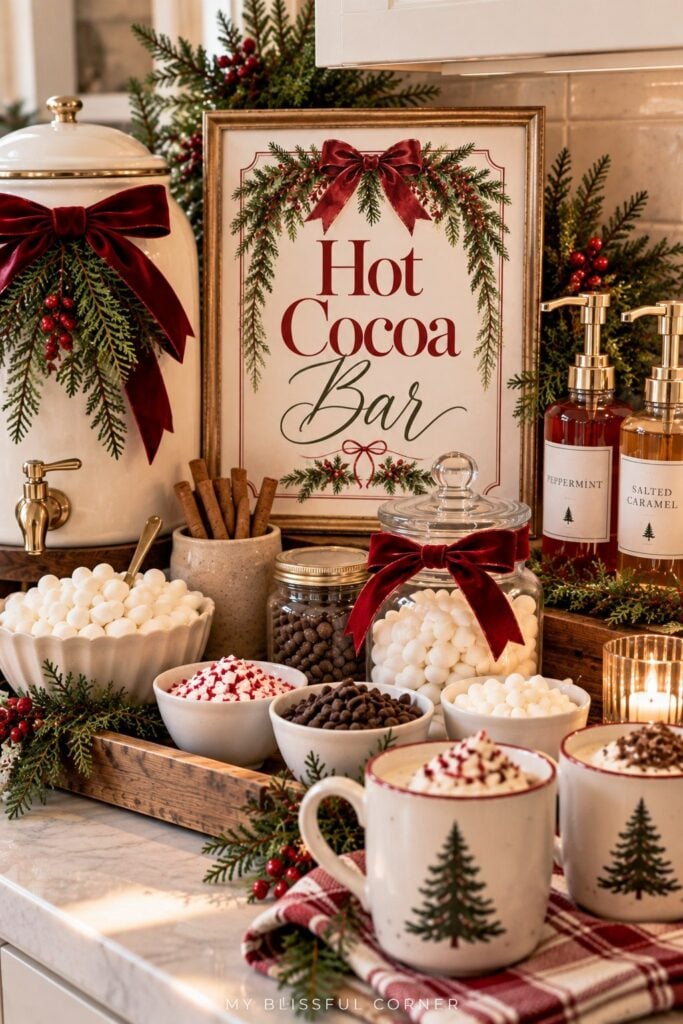 Free printable hot cocoa bar sign in a gold frame with greenery and red bows on a Christmas hot cocoa bar