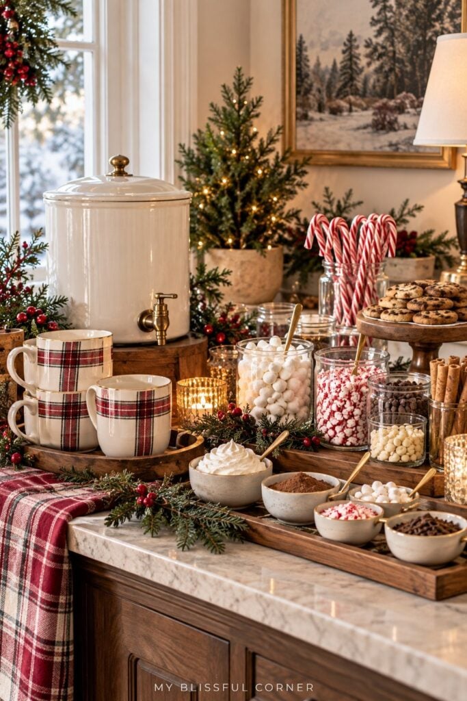 Holiday party drink station with a dispenser, jars of marshmallows and candy canes, and plaid mugs