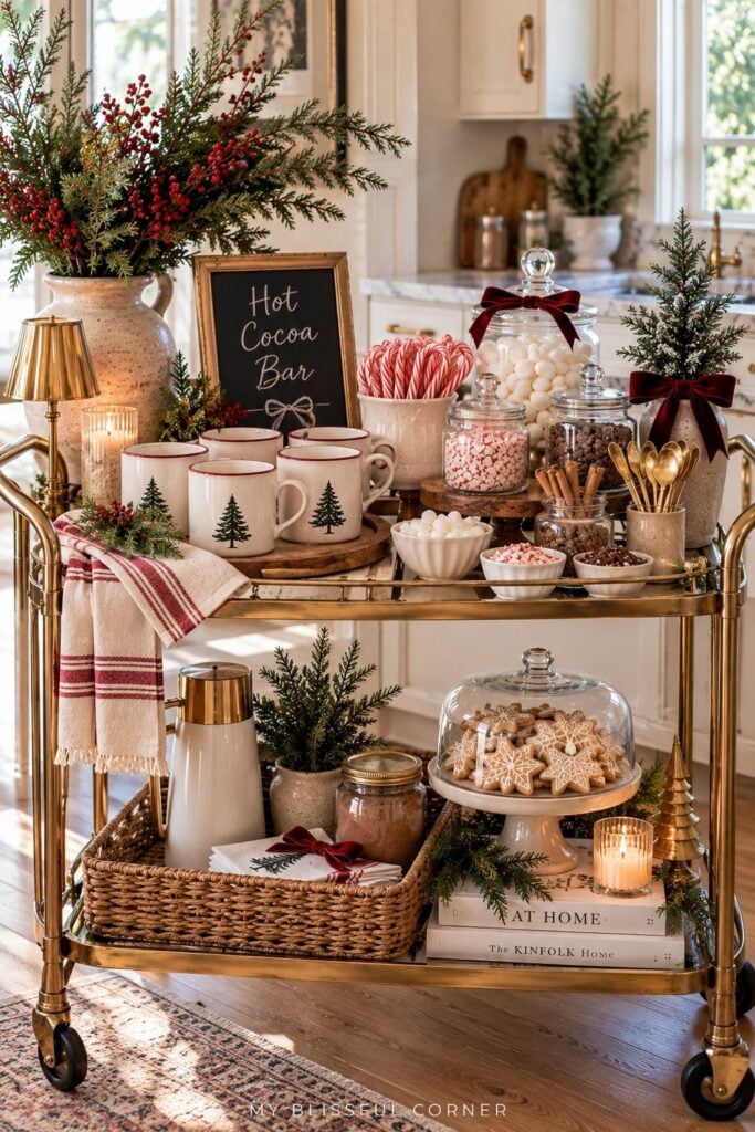 Christmas hot cocoa bar cart with mugs, toppings, and a hot cocoa sign